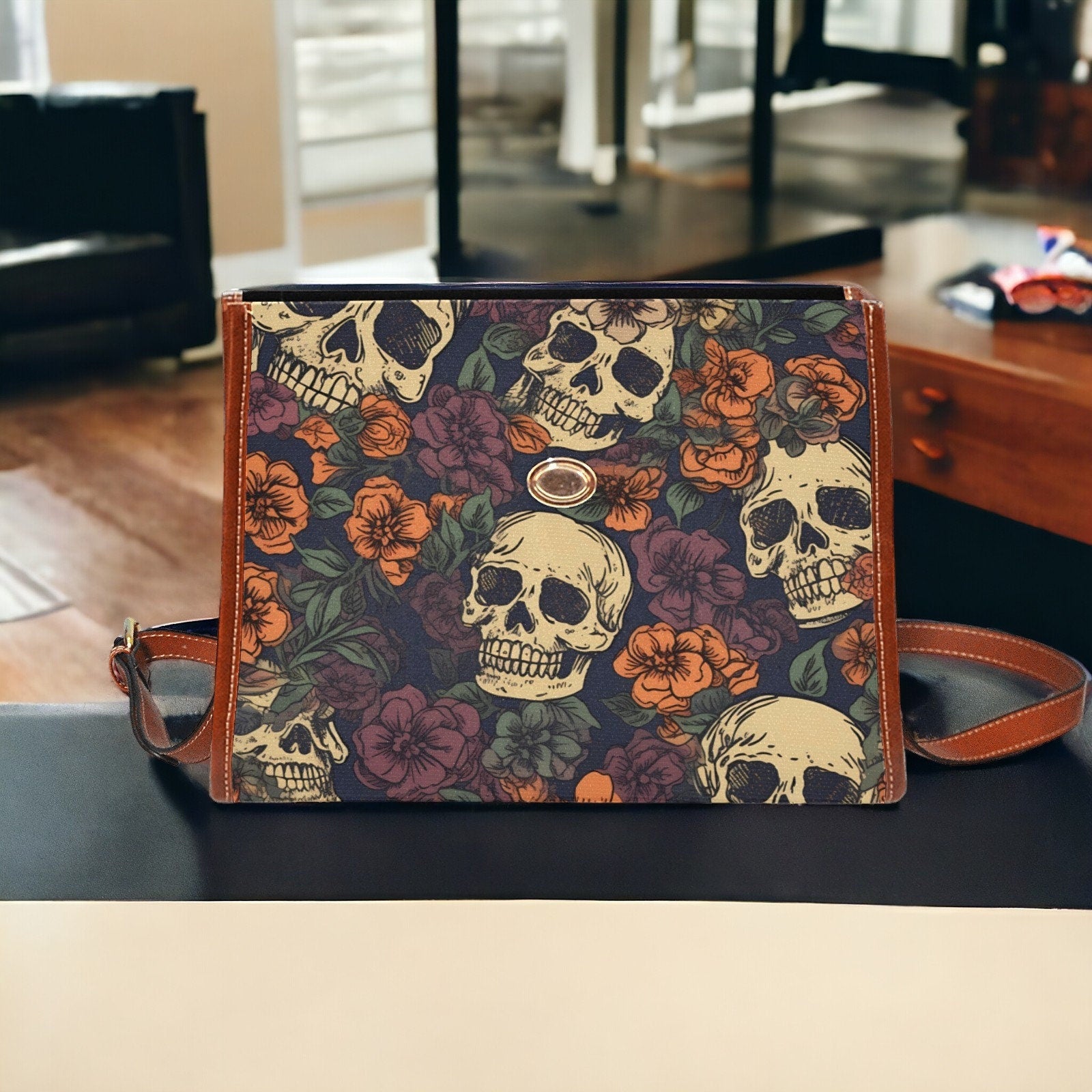 Floral Skull Purse Goth Satchel Gift Cute Women Cross Body Purse Everyday Bag Satchel Bag Men Crossbody Bags For Women Small Novelty Purse