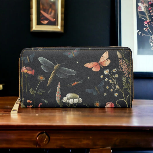 Floral Moth Wallet Cottagecore Dark Academia Whimsical Wallet Gothic Vegan Leather Wallet Dark Botanical Print Wallet Cute Slim Goblincore