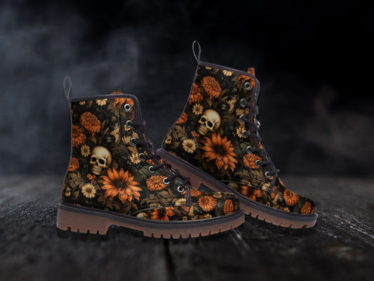 Autumn Floral and Skulls Combat Boots