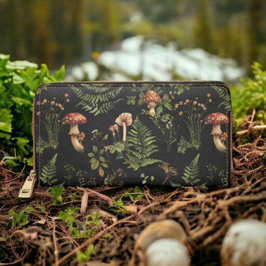 Mushrooms, Dark Academia Wallet Goblincore Zip Up Wallet Dark Cottagecore Gift for Witchy Lovers Vegan Leather Wallet Women Travel