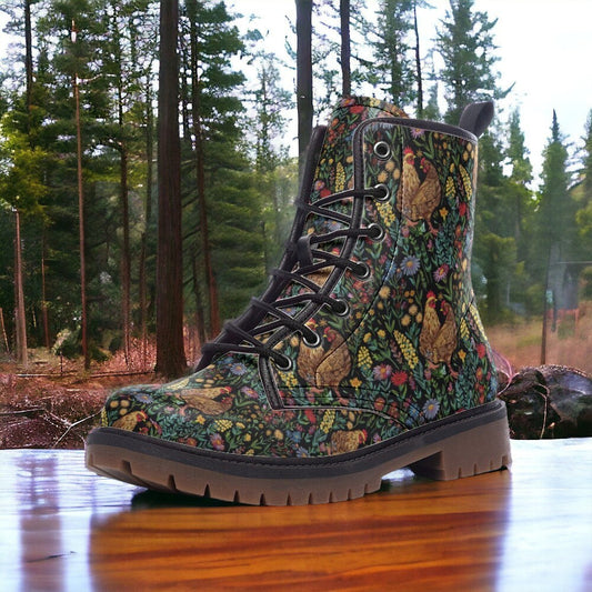 Combat Boots, Wildflowers Floral Boots, Chicken Gifts, Mens Leather Boots Witch Shoes Gift for Flower Lover Women's Platform Cottagecore