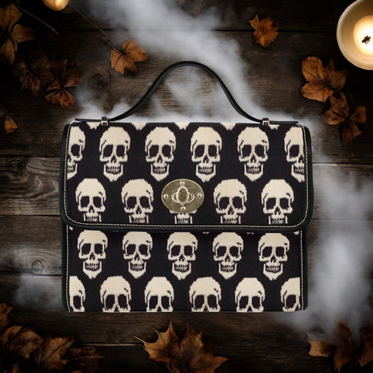 Canvas Bag, Halloween Bag, Knitted Skulls, October Outfit, Crossbody Bag, Pumpkin Spice, Gift for Witchy Lovers, Cute Purse, Satchel Bag