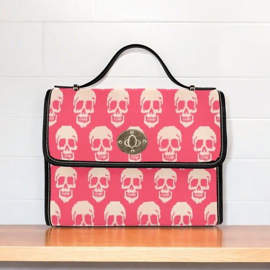 Canvas Bag, Pink Halloween Bag, Knitted Skulls, October Outfit, Crossbody Bag, Gift for Witchy Lovers, Cute Purse, Satchel Bag