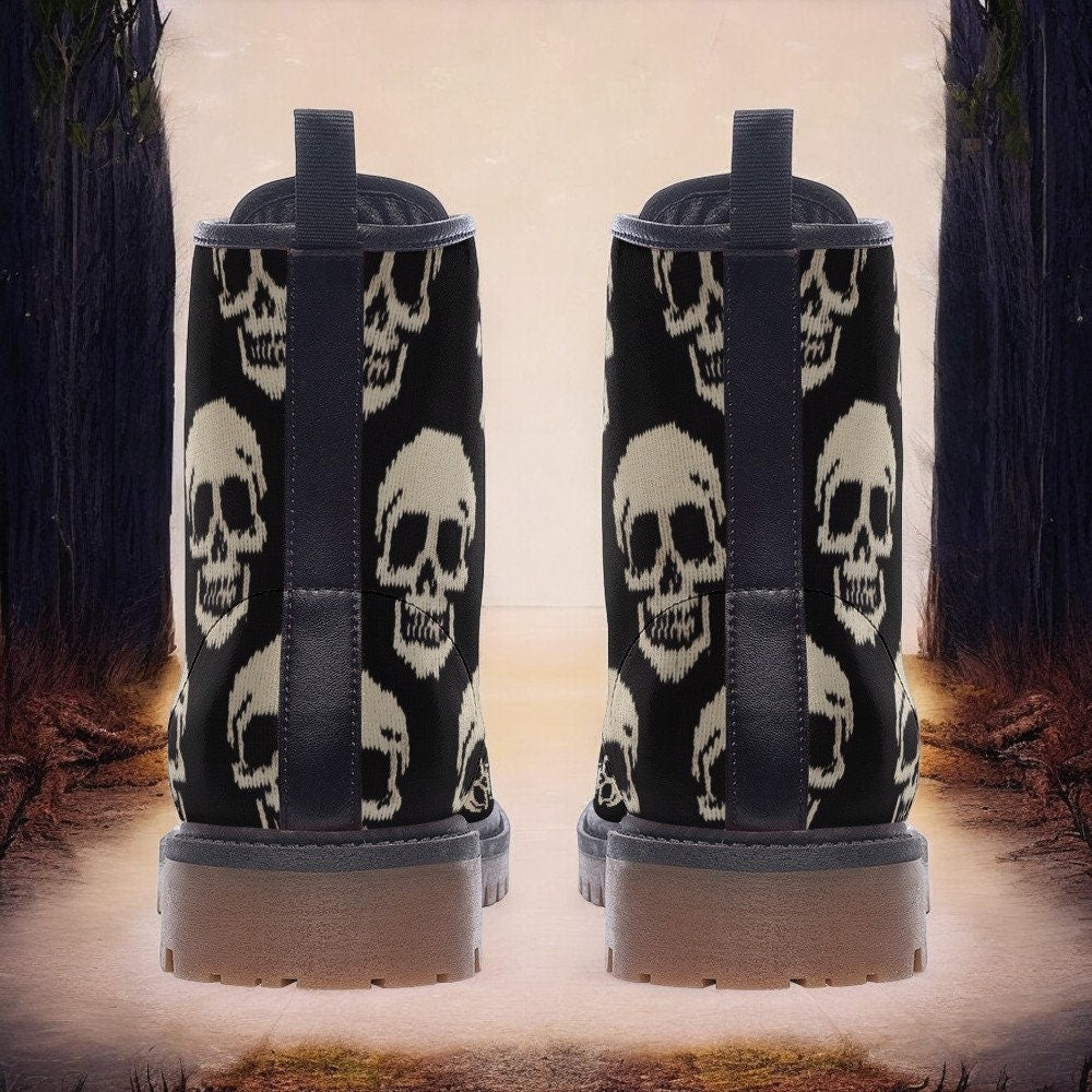 Embroidered Skulls, Goth Shoes Black Vegan Leather Boots Combat Boho Boots Wildflower Autumn Fall Aesthetic Halloween Cute Shoes Womens Shoe