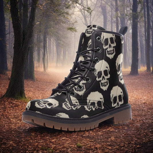 Embroidered Skulls, Goth Shoes Black Vegan Leather Boots Combat Boho Boots Wildflower Autumn Fall Aesthetic Halloween Cute Shoes Womens Shoe