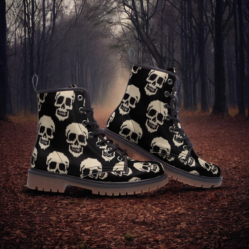 Embroidered Skulls, Goth Shoes Black Vegan Leather Boots Combat Boho Boots Wildflower Autumn Fall Aesthetic Halloween Cute Shoes Womens Shoe