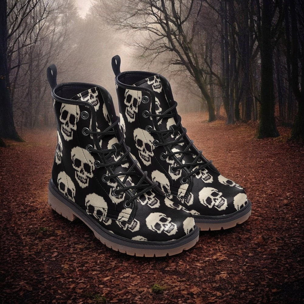 Embroidered Skulls, Goth Shoes Black Vegan Leather Boots Combat Boho Boots Wildflower Autumn Fall Aesthetic Halloween Cute Shoes Womens Shoe