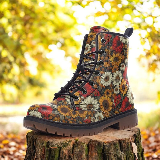 Combat Boots, Fall Floral Boots, Goth Shoes, Mens Leather Boots, Witch Shoes, Gift for Flower Lover, Women's Platform, Cottagecore Clothing