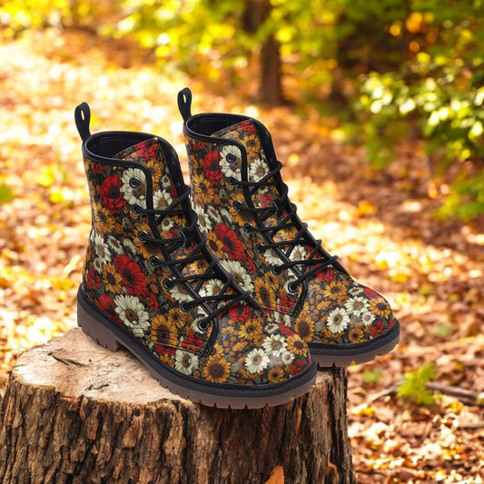 Combat Boots, Fall Floral Boots, Goth Shoes, Mens Leather Boots, Witch Shoes, Gift for Flower Lover, Women's Platform, Cottagecore Clothing