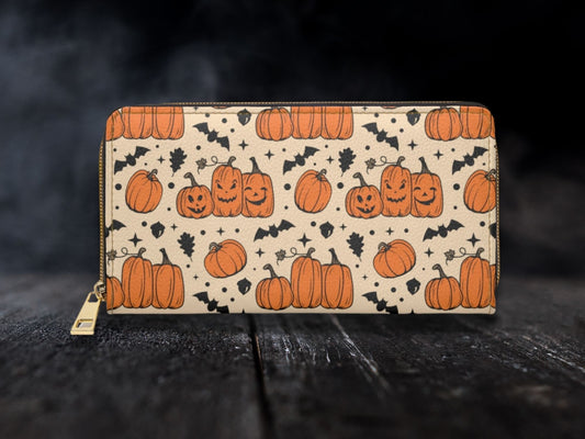 Halloween Wallet Pumpkins Witchy Zip Around Wallet Horror Vegan Leather Wallet Women Cute Slim Halloween Gifts Spooky Babe Gothic