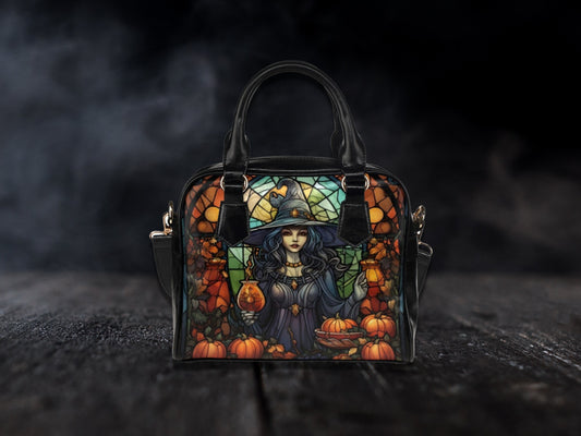 Stained Glass Halloween Purse Canvas Halloween Bag Witch October Crossbody Gift for Witchy Lovers Gothic Purse Vegan Leather Handbag