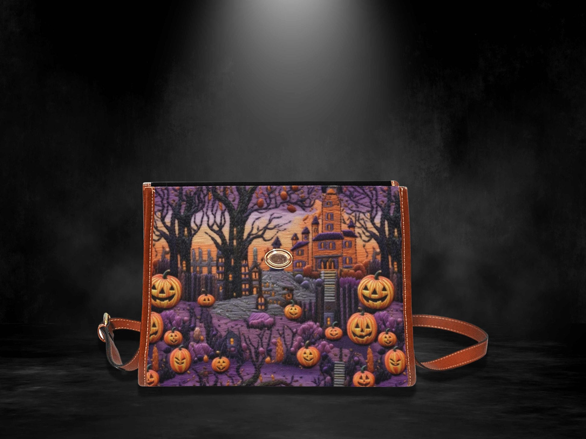 Canvas Embroidered Halloween Bag Haunted House October Crossbody Pumpkin Spice Gift for Witchy Lovers Weekender Bag Women Weekend Bag