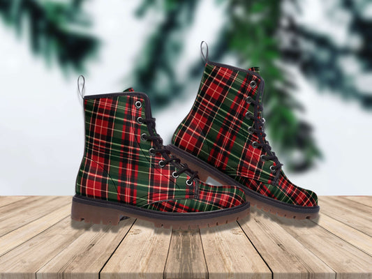 Combat Boots Christmas Tartan Plaid Boots Goth Shoes Mens Leather Boots Witch Shoes Gift for Flower Lover Women's Platform Cottagecore